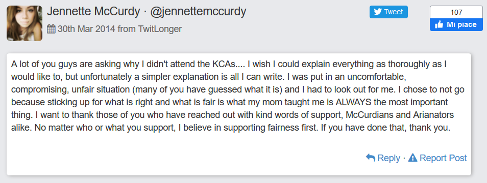 Tweet sui KCA di Jennette
